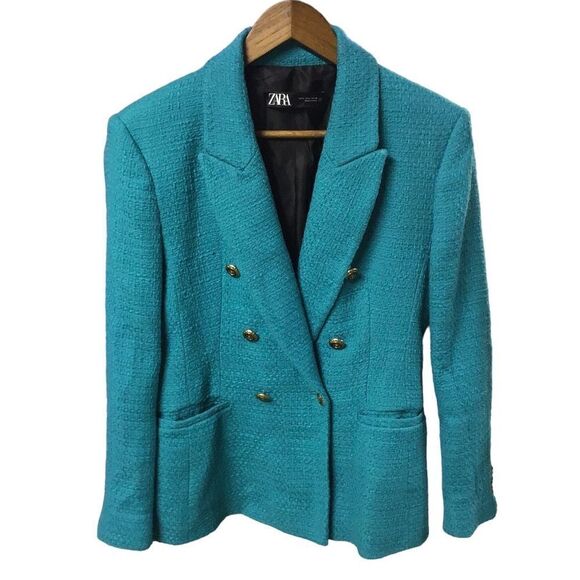 Zara Green Tweed Double Breast Blazer Size Large - Picture 1 of 7